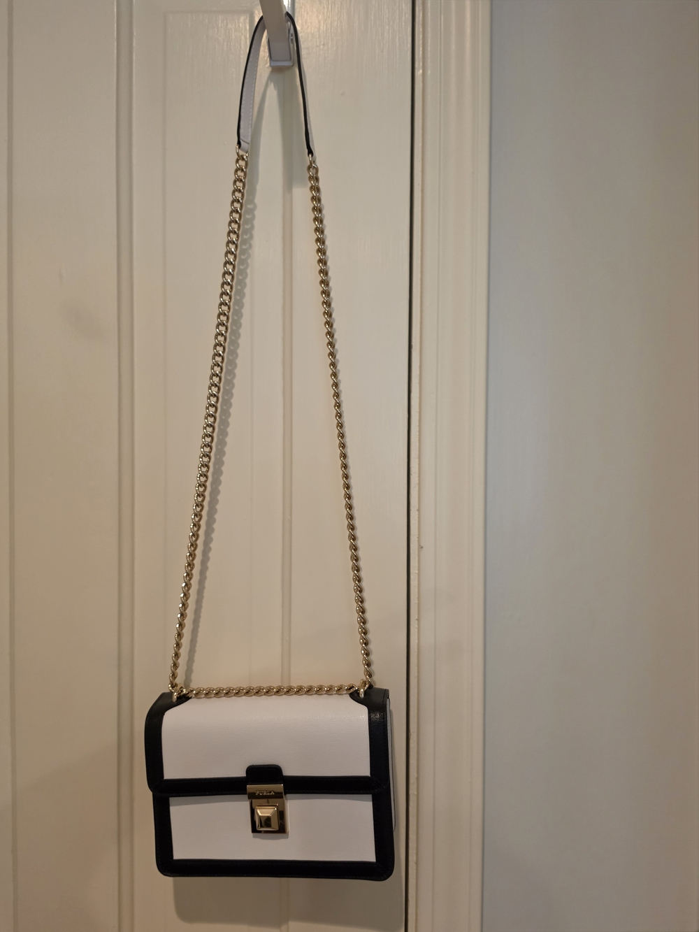Furla White and Black Crossbody Bag with Gold Chain